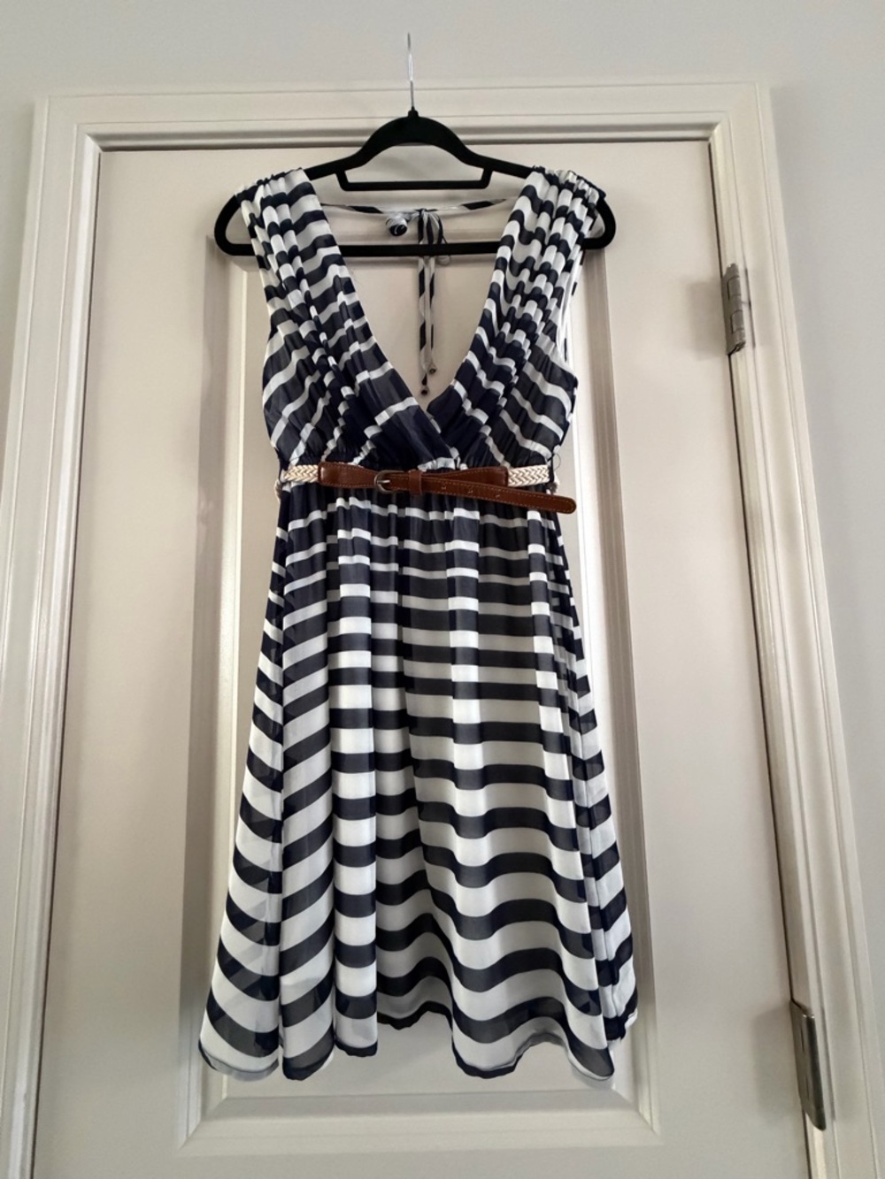 Double Zero Navy and White Striped V-Neck Mini Dress